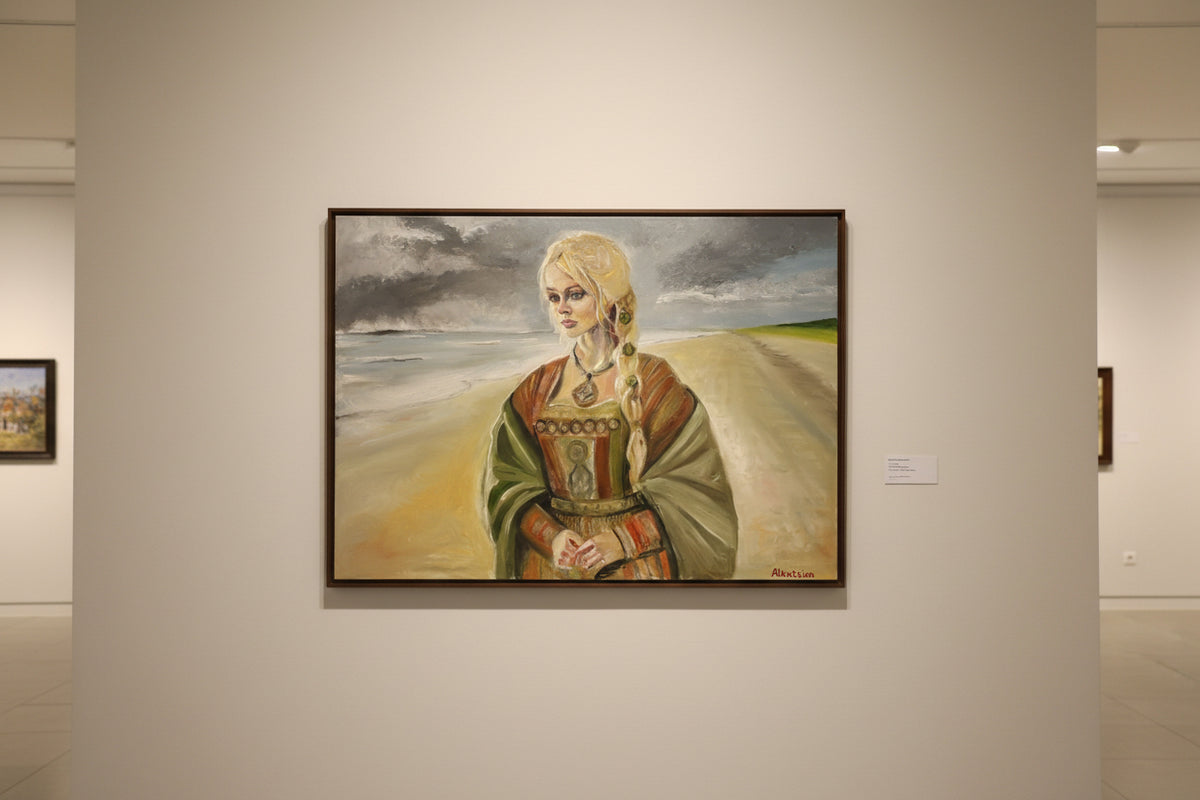 Painting of a woman in traditional attire against a landscape background, displayed on a wall.
