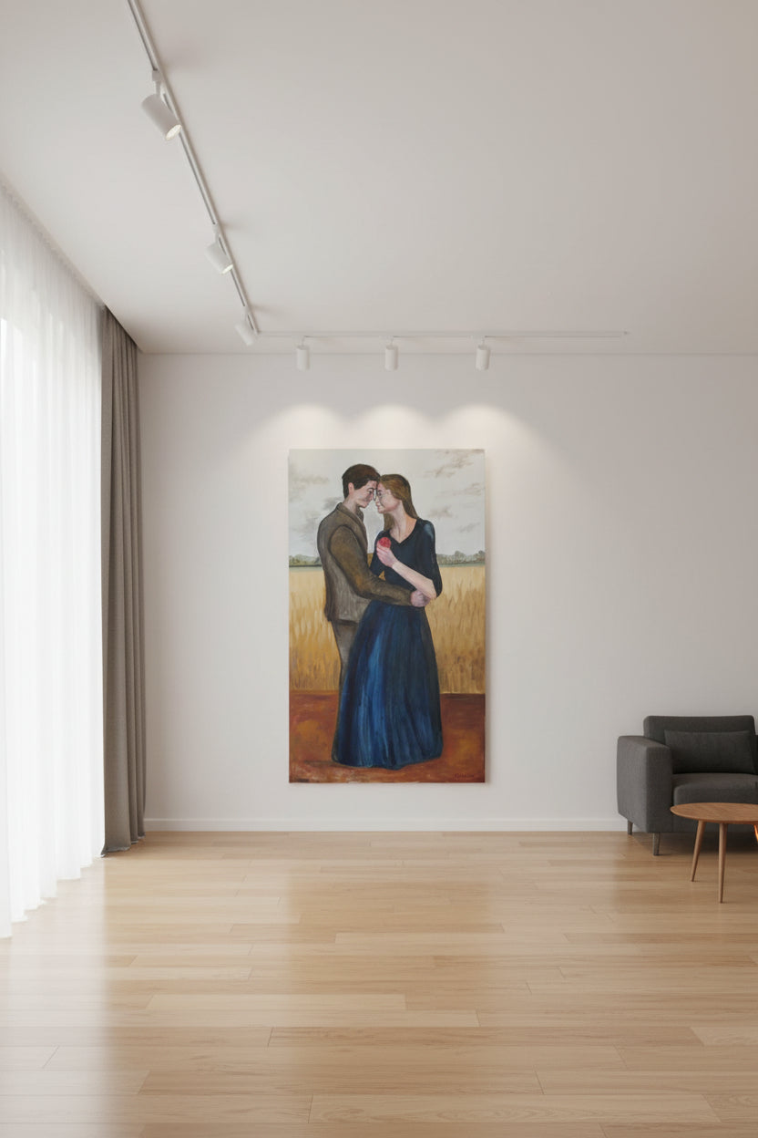 Abstract artwork with a figure in a blue dress and brown top on a textured surface.