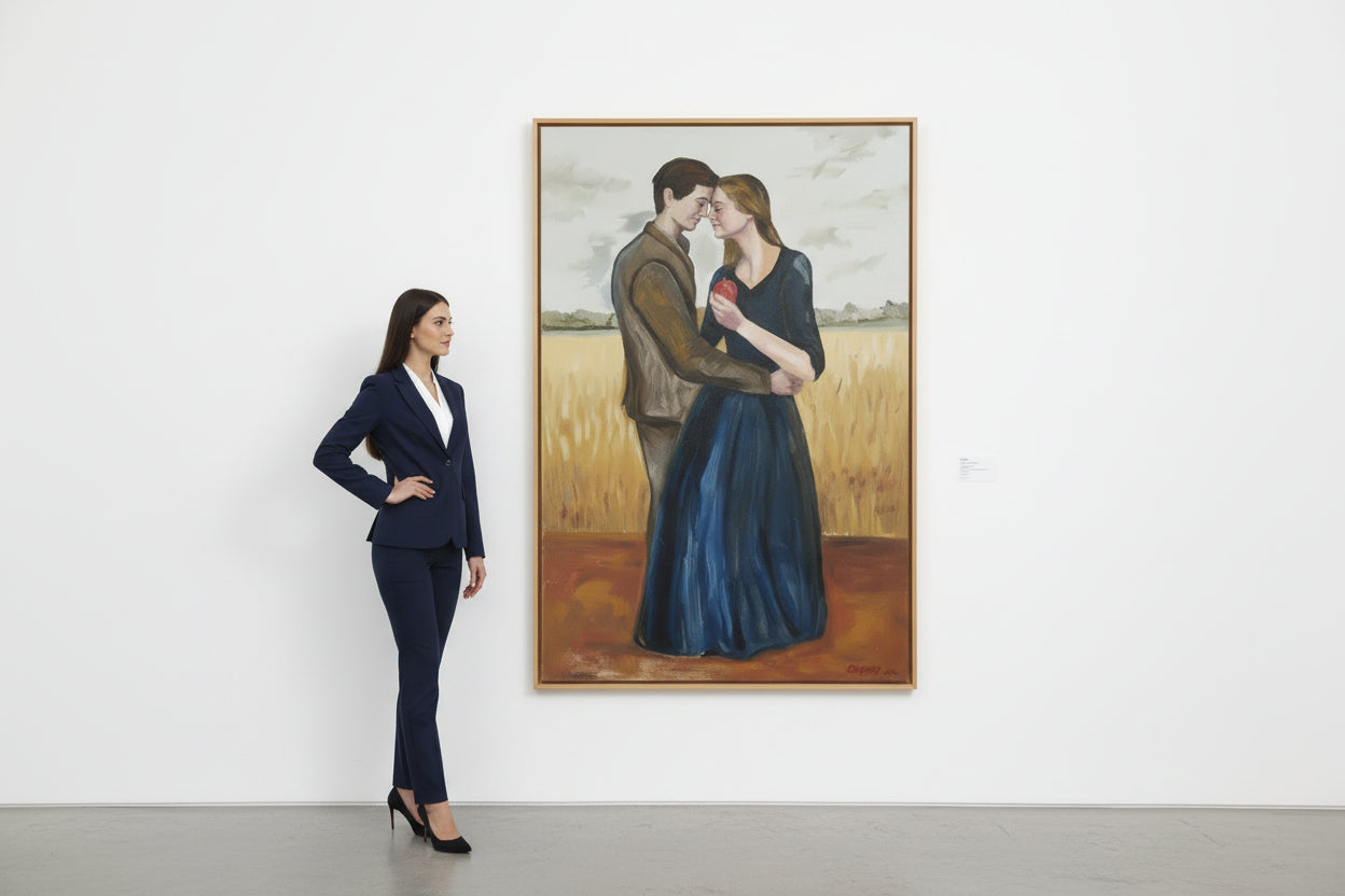 Abstract artwork with a figure in a blue dress and brown top on a geometric background