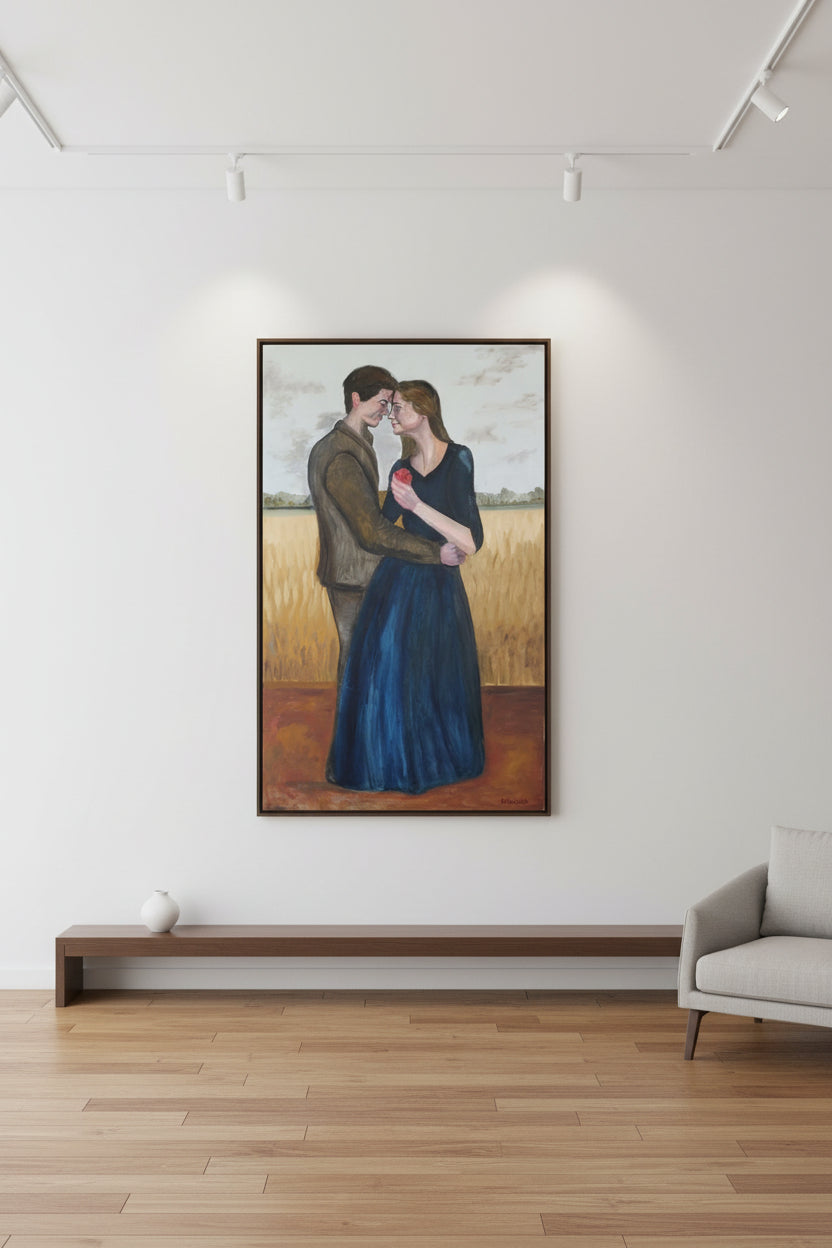 Artistic depiction of a couple embracing with a geometric background