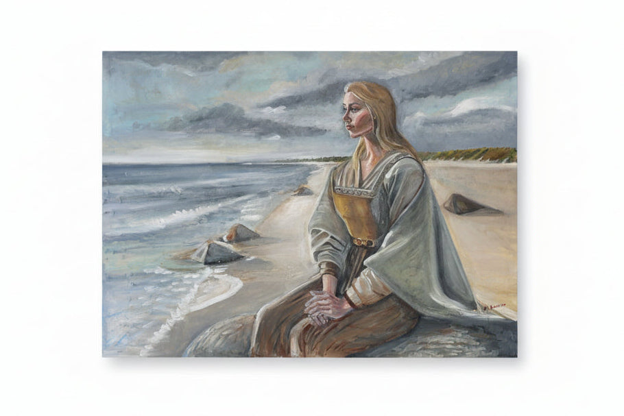 Painting of a woman sitting on a beach with a scenic background