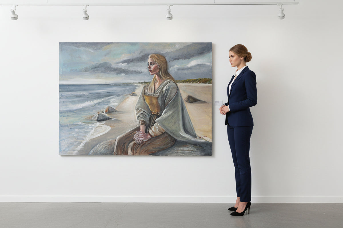 Painting of a woman sitting on a beach with a stormy sky.