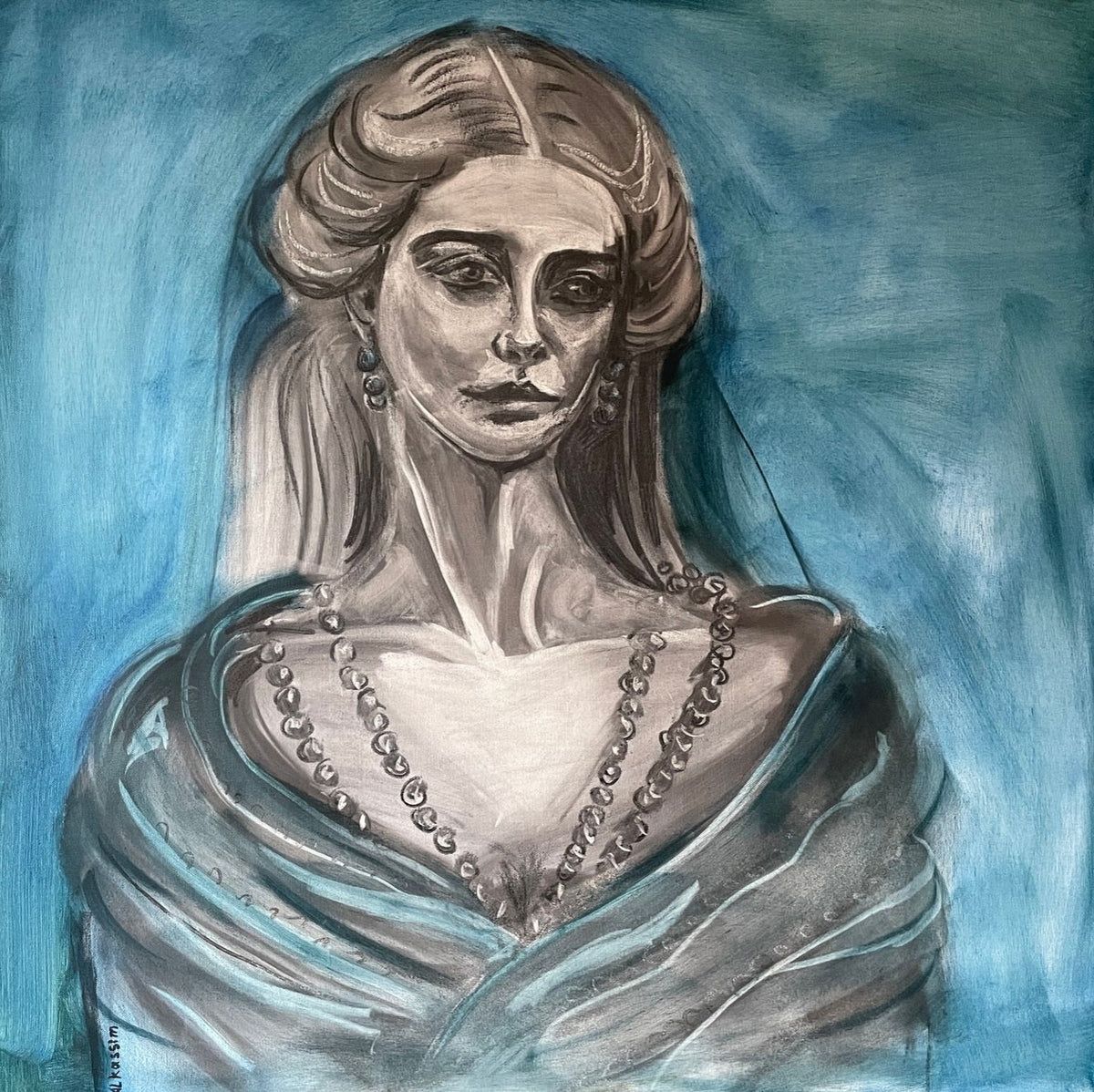 Blue Pearl - Original oil painting with charcoal on canvas